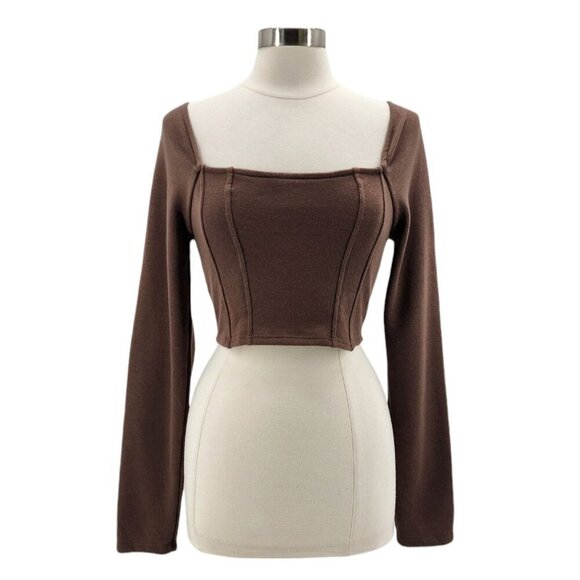 NWT Le Lis Brown Long Sleeve Knit Fitted Crop Top Womens Large - Picture 1 of 12